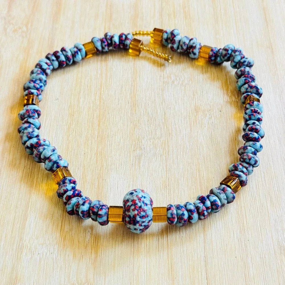 VTG African Trade Art Glass beads Necklace Blue Collar Beaded Confetti Statement